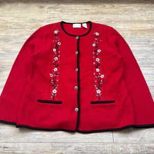 Vintage Christmas Sweater Ugly 90s Red Floral Wool Large Button Up Granny Cute